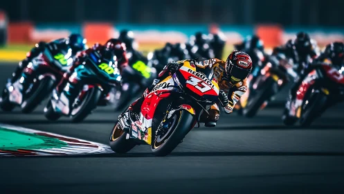 Motorcycle racer leans into night circuit corner at speed