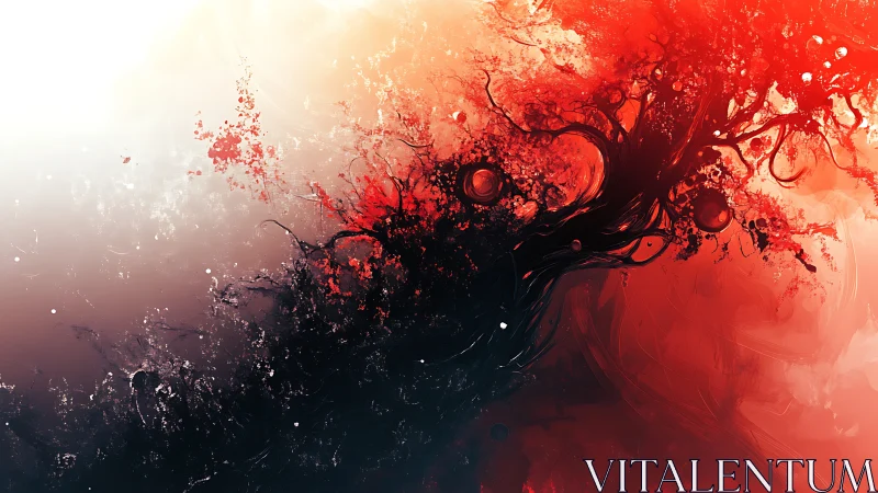 Abstract red and black tree form in swirling motion.