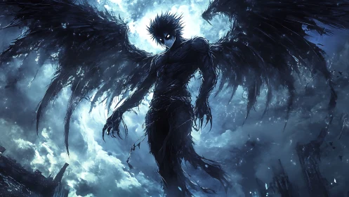 Winged humanoid silhouette against stormy blue sky. Period.