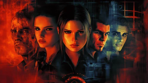 Five determined faces emerge from a fiery cyber cityscape