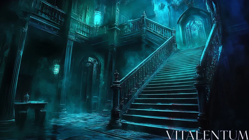 Haunted teal staircase in decayed gothic mansion interior.