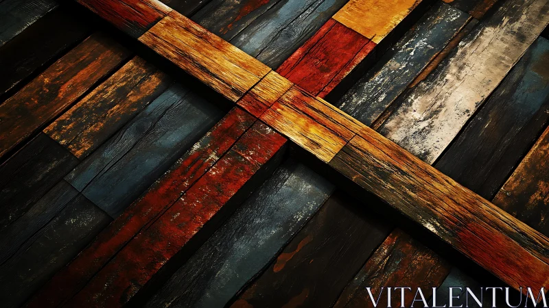 Rustic multicolored reclaimed wood planks in geometric pattern.