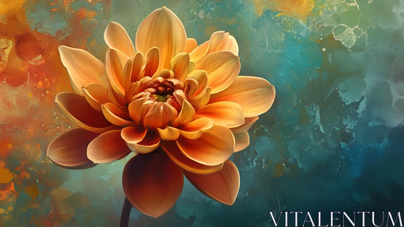 Orange dahlia rendered against contrasting teal background