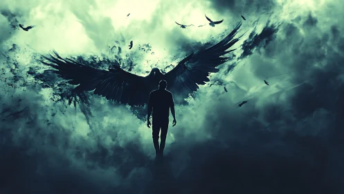 Shadowed figure merges with vast black wings in storm clouds