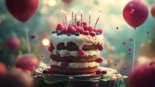 Layered Birthday Cake with Raspberries and Lit Candles.