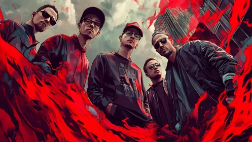 Urban street crew framed by red energy in city alley.