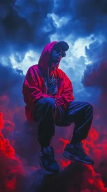 Hooded dreamer floating through electric blue and red clouds.