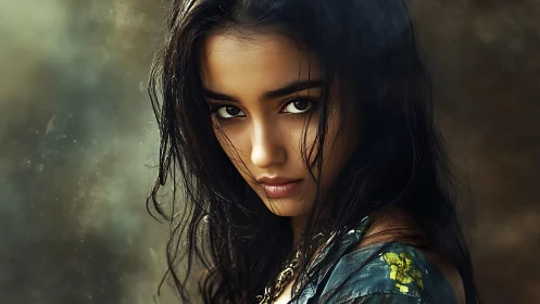 Smoldering portrait captures intense gaze in moody light