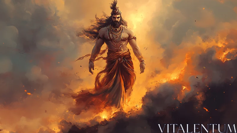 Mythic warrior strides through blazing clouds of fire.