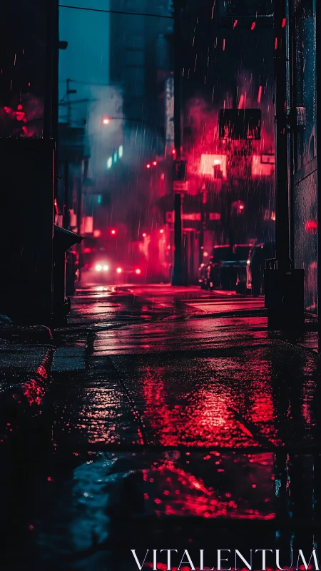 Neon rain floods a moody city alley in crimson reflections.