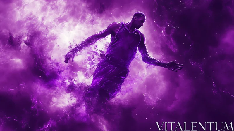 Cosmic basketball legend strides through violet nebula haze
