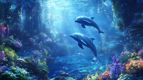 Dolphin duet dancing through a neon coral dreamscape.