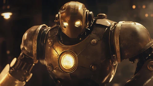 Steampunk combat robot with brass armor, emissive core and eyes