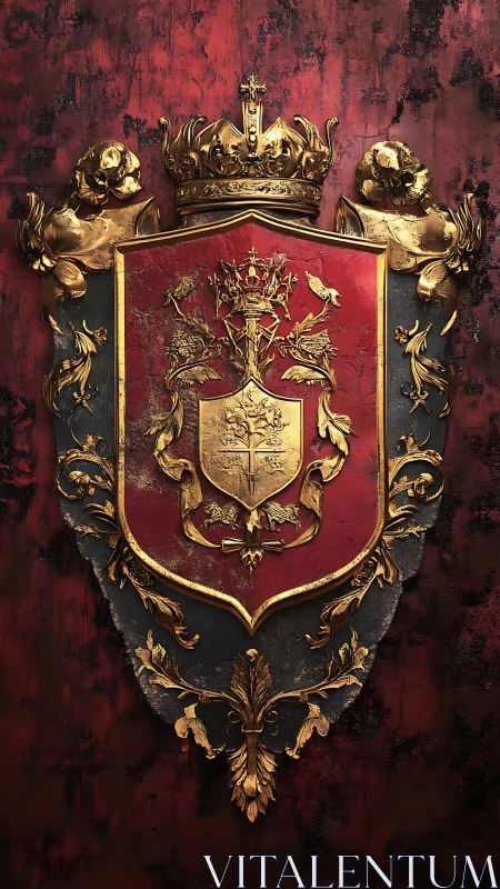 Baroque heraldic shield with gilded crown and armorial flora.