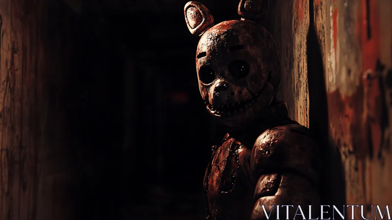 Rusty animatronic bear stands in dark, narrow corridor