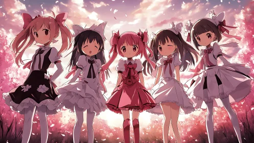 Anime ensemble of ribboned girls in cherry blossom backlight.