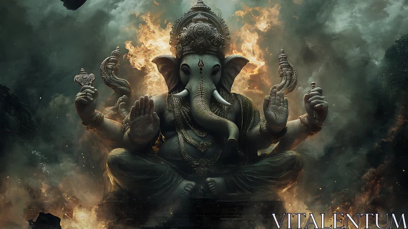 Divine Ganesha in symmetrical fiery mandala composition.