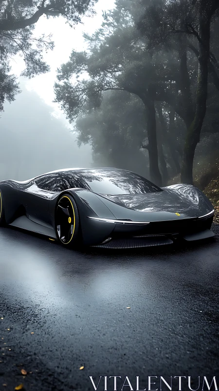 Sleek graphite hypercar rests on wet forest road in fog