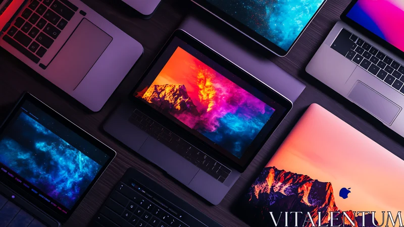 Color-rich laptop array with vivid gradient screen displays.