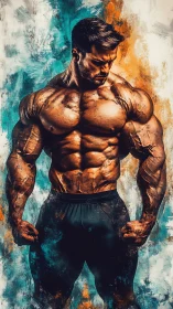 Bodybuilder stands flexed with exaggerated muscular physique