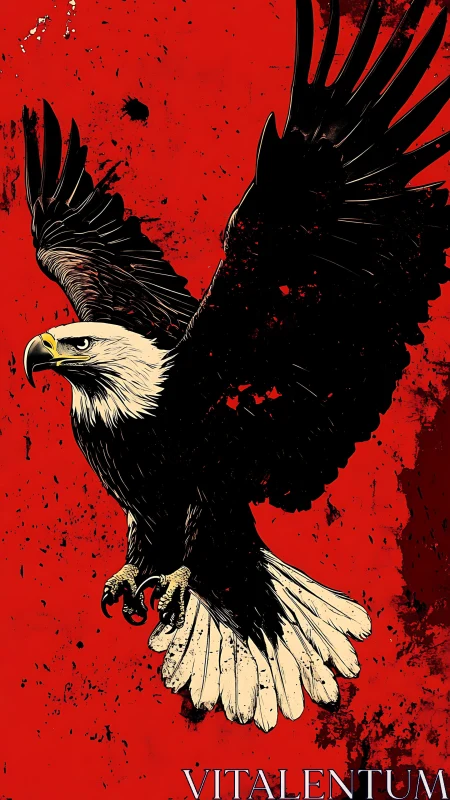 Bold eagle in mid-flight against a vivid red sky.