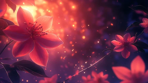 Glowing red flowers against soft purple bokeh light background.