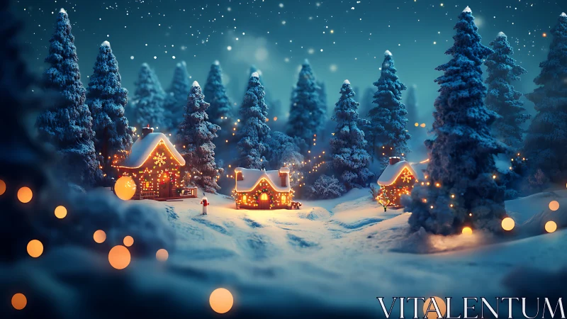 Miniature winter village with illuminated cabins and snowfall