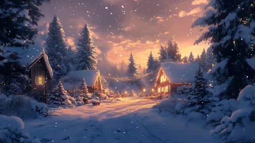 Snow-covered village lane at dusk with glowing cabin lights