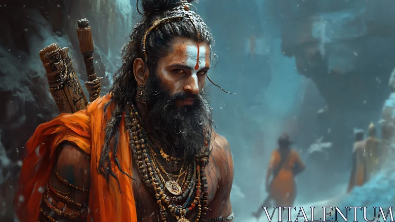 Bearded ascetic in orange robes within snowy mountain pass.