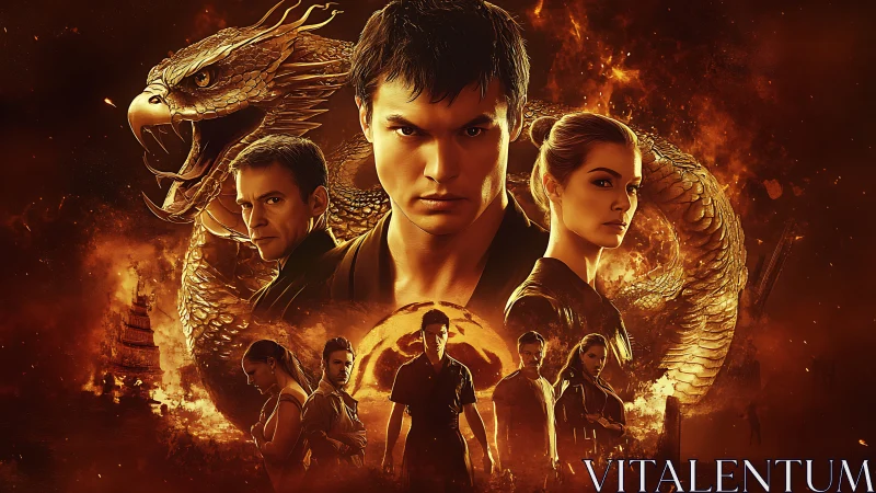 Martial heroes encircled by blazing golden dragon emblem.