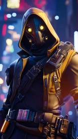 Neon cloaked sentinel studies the cybernetic city lights