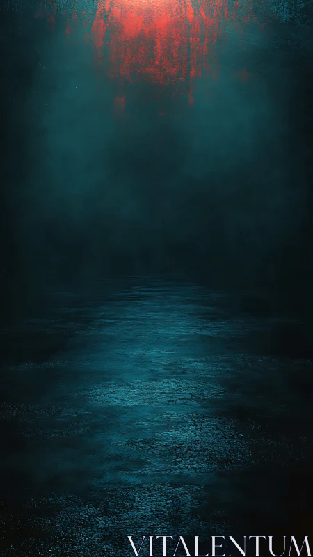 Crimson glow over misted teal water in dark void.