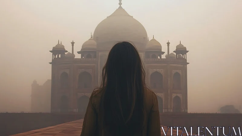 Solitary traveler studies Taj Mahal through amber haze.