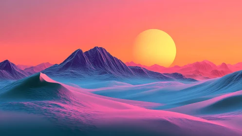 Chromatic stratified dunes beneath oversized digital sun.