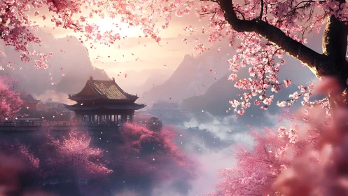Gentle cherry blossoms drift around a peaceful mountain temple