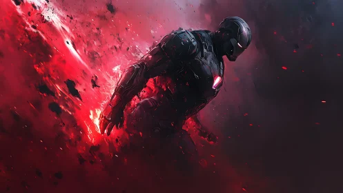 Armored sci fi warrior strides through red explosive smoke.