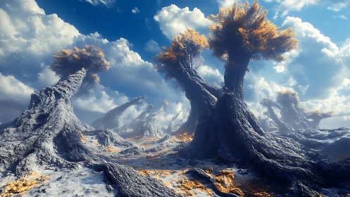 Twisted alien trees under bright clouds on rocky plain.