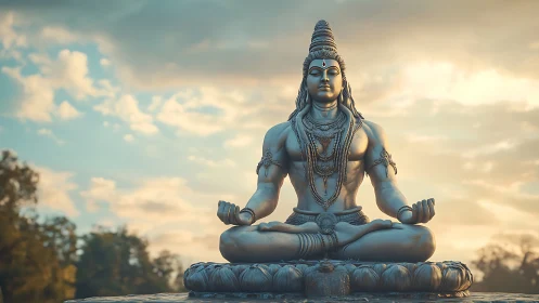 Serene Shiva statue in meditative pose at golden sunrise.