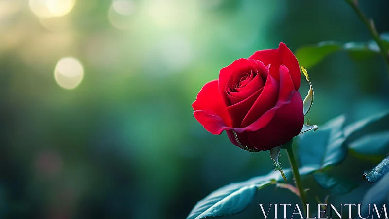 Deep Crimson Rose with Bokeh Foliage Background