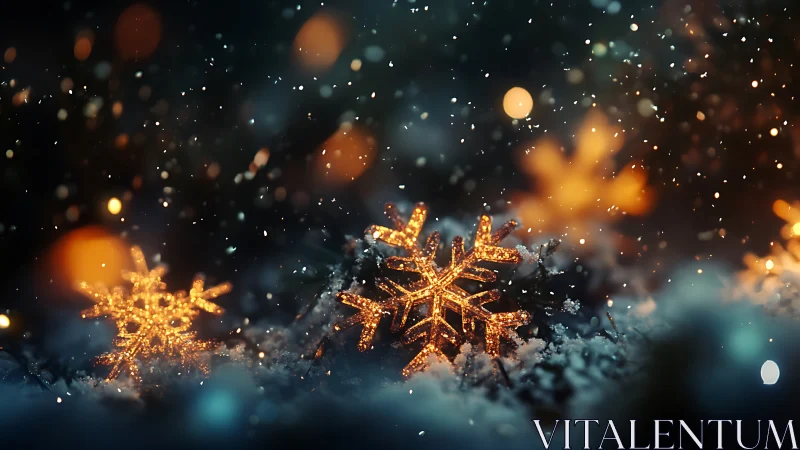 Macro view of glowing snowflake lights in falling winter snow