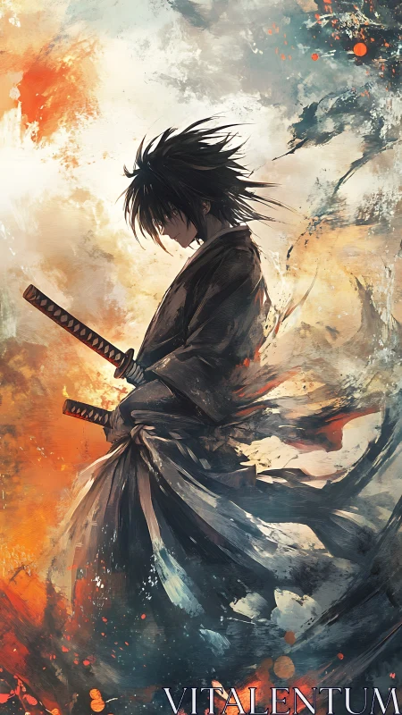 Stormlit ronin pauses as painted fire and mist collide