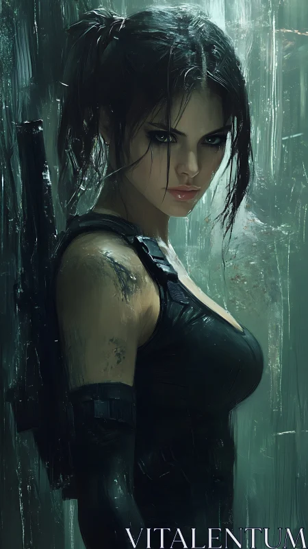 Tactical female operative rendered in moody digital brushwork