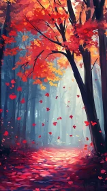 Autumn forest path with red canopy and falling leaves