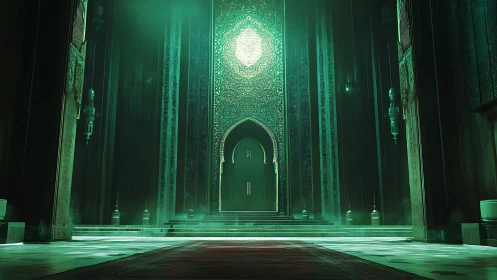 Grand green-lit hall shows tall archway and glowing mosaic