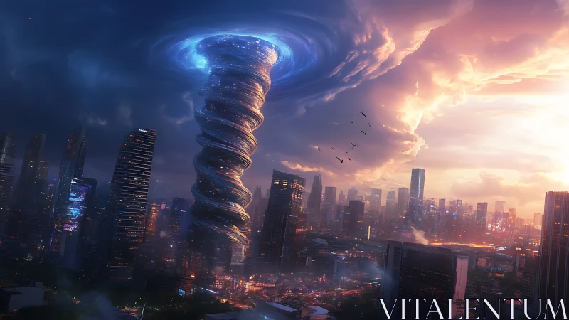 Cyberpunk vortex tower over bifurcated neon megacity skyline.