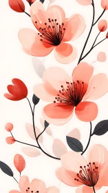 Coral Blossoms with Dark Stems on Cream Background.
