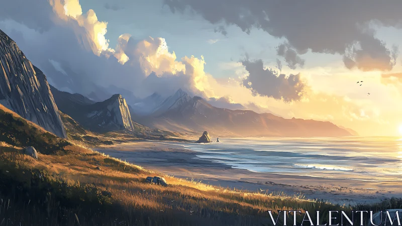 Coastal plain meets distant mountains under low sun illumination