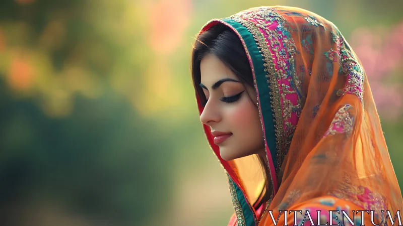 Elegant woman in traditional attire, soft focus portrait style.