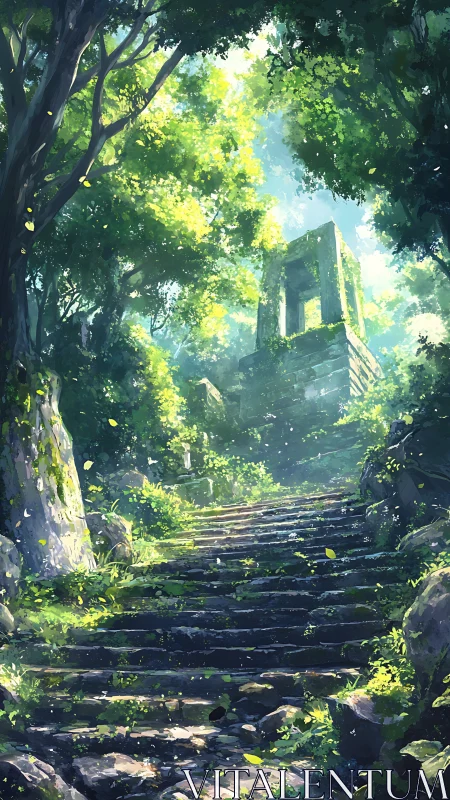 Luminous forest stairway to moss-clad stone ruin.