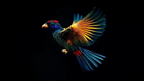 Vivid Exotic Bird in Flight with Colorful Feathers on Black Background.